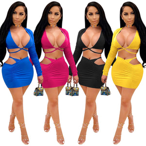 Cutubly Solid Suit Outfit Sexy Two Piece Set Women Deep V Crop Top and Mini Skirt Set Tracksuit Ruched Hollow Out Club Wear