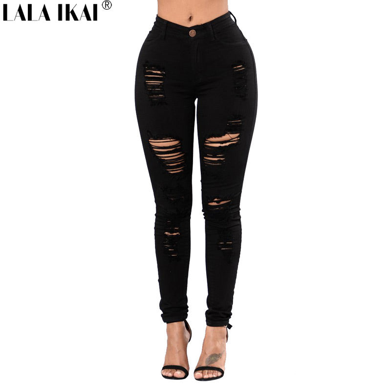 LALA IKAI Black Ripped Jeans For Women Skinny Jeans 3 Colors Plus Size Denim Pants Vintage Knee Hole Jeans Female KWA0638-5