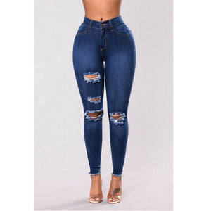 2020 Newest Hot Womens Stretch Skinny Ripped Hole Washed Denim Jeans Female Slim Jeggings High Waist Pencil Pants Trousers