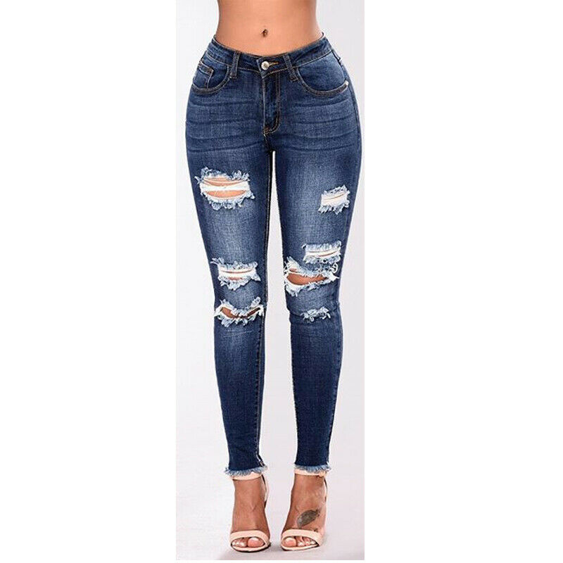 2020 Newest Hot Womens Stretch Skinny Ripped Hole Washed Denim Jeans Female Slim Jeggings High Waist Pencil Pants Trousers