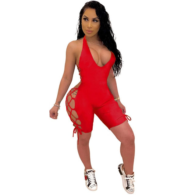 2020 Sexy Women Deep V-neck Jumpsuit Sleeveless Halter Backless Hollow Out Playsuit Rompers Sports Floral Print Lace-up Jumpsuit