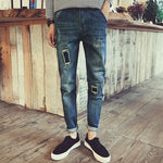 Top Selling Mens Holes jeans fashion Knife Cut Denim Pants Rock Style Slim Fit jeans For Men 2018 spring midweight Free shipping