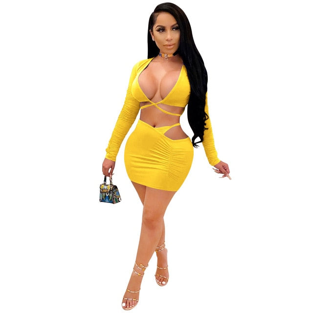 Cutubly Solid Suit Outfit Sexy Two Piece Set Women Deep V Crop Top and Mini Skirt Set Tracksuit Ruched Hollow Out Club Wear