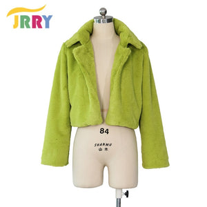 JRRY Casual Women Faux Fur Coats Long Sleeve Furry Cropped Jacket Open Stitch Fluffy Overcoat Plus Size XXL Outdoor Wear
