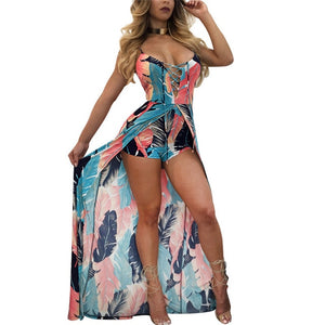 Elegant Boho Strap Beach Jumpsuit Romper Women Backless Lace Up Combishort Femme Ladies Feather Print Playsuits Summer Overalls