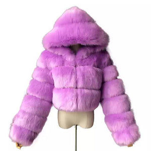 Fashion Autumn Winter High Quality Faux Fox Fur Coat Women 2020 Vintage Long Sleeve with Cap Slim Short Jackets Furry Coat Femme