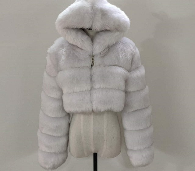 Fashion Autumn Winter High Quality Faux Fox Fur Coat Women 2020 Vintage Long Sleeve with Cap Slim Short Jackets Furry Coat Femme