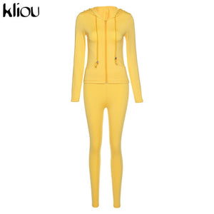 Kliou autumn new women hooded zipper pocket long sleeve tops sporty leggings matching set workout bodycon casual stretchy outfit