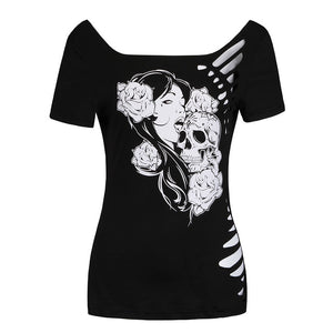 2017 summer sexy burning flowers hollow Skull head T-shirts plus size casual women T-shirt