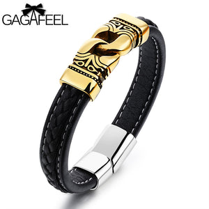 GAGAFEEL Men Wristband Magnetic Buckle Bracelet Stainless Steel Cattlehide Leather Jewelry Classic Bangles Black Rope Chain