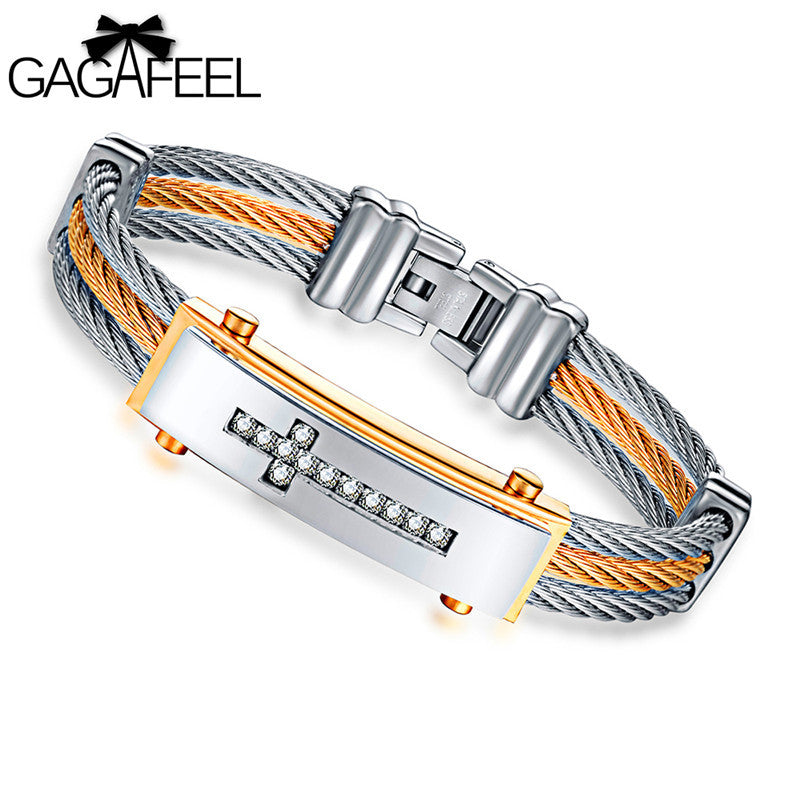 GAGAFEEL Jesus Cross Bracelet Men Jewelry Stainless Steel Mens Rock Bracelets & Bangles With 3 Rows Wire Chain Full Zircon H863