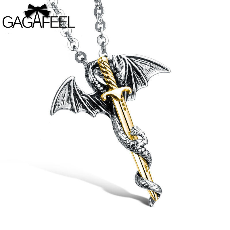 Fashion Gold Stainless Steel Jewelry Dragon Sword Men Punk Pendant Necklace Link Chain Charm Accessory Collar Hombre Gift N937