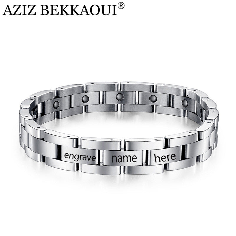 AZIZ BEKKAOUI Magnetic Bracelet Men Titanium Steel Bangle 21-23CM Personalized Name Health Wristband Link Chain Punk Men Jewelry