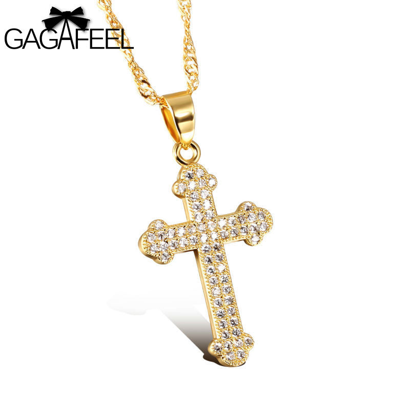 Fashion AAA Zircon Crystal  Gold Color Jewelry Stainless Steel Women Men Cross Pendant Necklace Gold Bless Lucky Gift N630