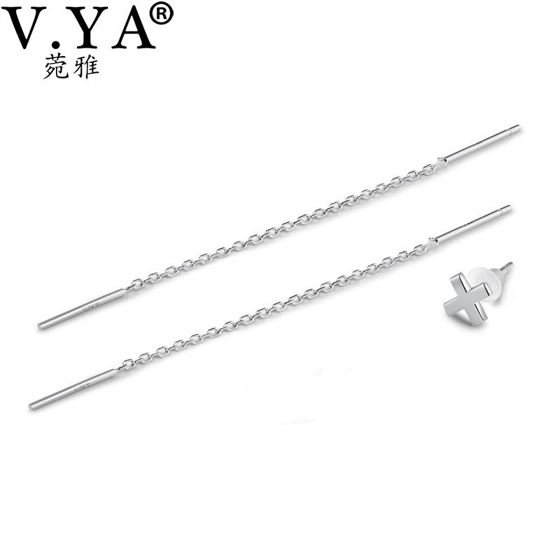 V.YA Slim Long Drop Earrings Rose Gold Color 8CM Ear Thread 925-Sterling-Silver Long Chain 925 Silver Party Earrings for Women