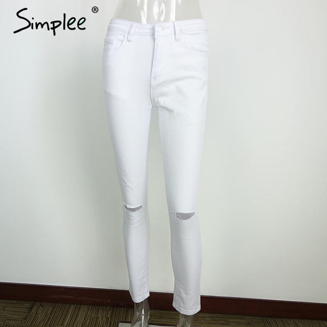 Simplee Summer style white hole ripped jeans Women jeggings cool denim high waist pants capris Female skinny black casual  jeans