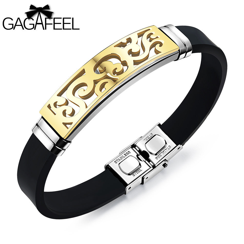 GAGAFEEL Rubber Bracelet For Men Punk Carved Jewelry Silicone Stainless Steel Bangles Silver Gold Color Wristband 200 mm Chain