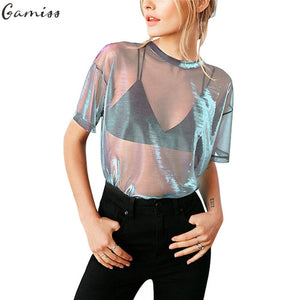 Gamiss 2017 Women Sexy Shimmer Mesh Tee See-Through Women T-Shirts Short Sleeve Perspective Shine Casual Tops Vintage Blusa