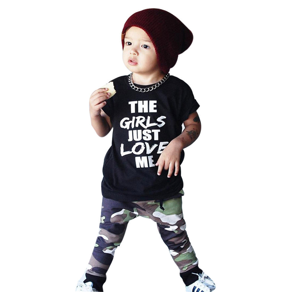 Boys set Toddler Infant Baby Boy Letter T shirt Tops Camouflage Pants Outfits Clothes Set drop shipping
