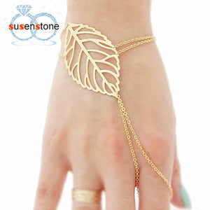 SUSENSTONE 2016 Hot Fashion Women Hollow leaves Finger Bangle Slave Chain Gold Bracelet Alloy bracelets for women