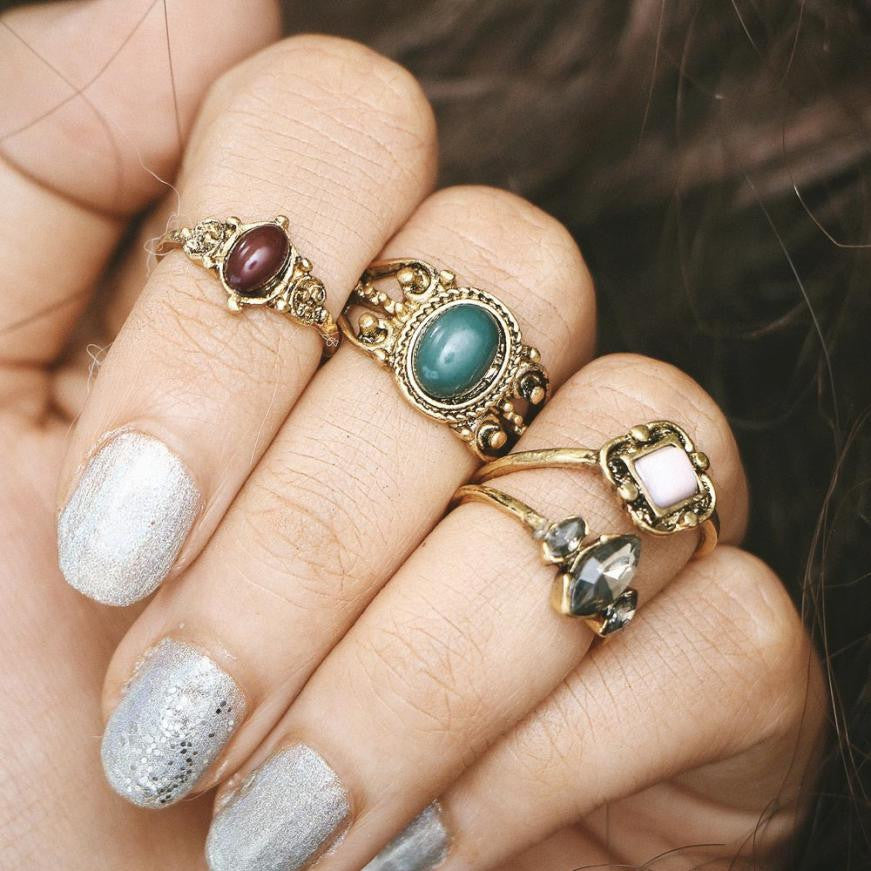 4pcs/Set Women Bohemian Vintage Silver Stack Rings Above Knuckle Blue 4 joint Rings Set beautiful accessories #45
