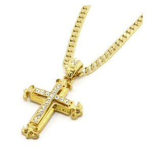 Gold Sharp Sides Rhinestone Cross Pendant Hip-hop Cuban Necklace Chain Wooden Cross Necklace Male authoritative Necklace  #GH30