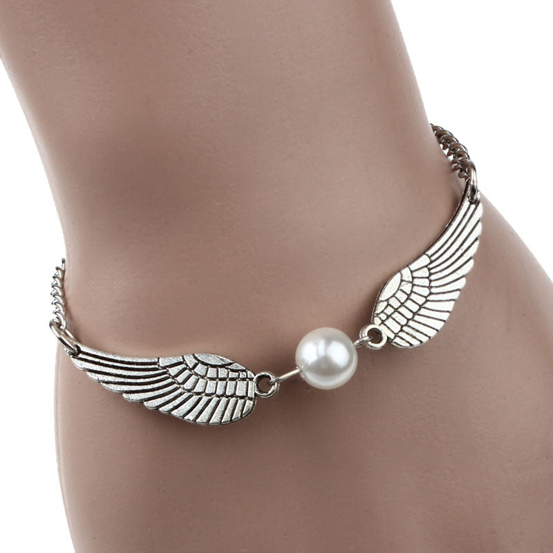 Silver Infinity Retro Pearl Angel Wings Jewelry Dove Peace Bracelet