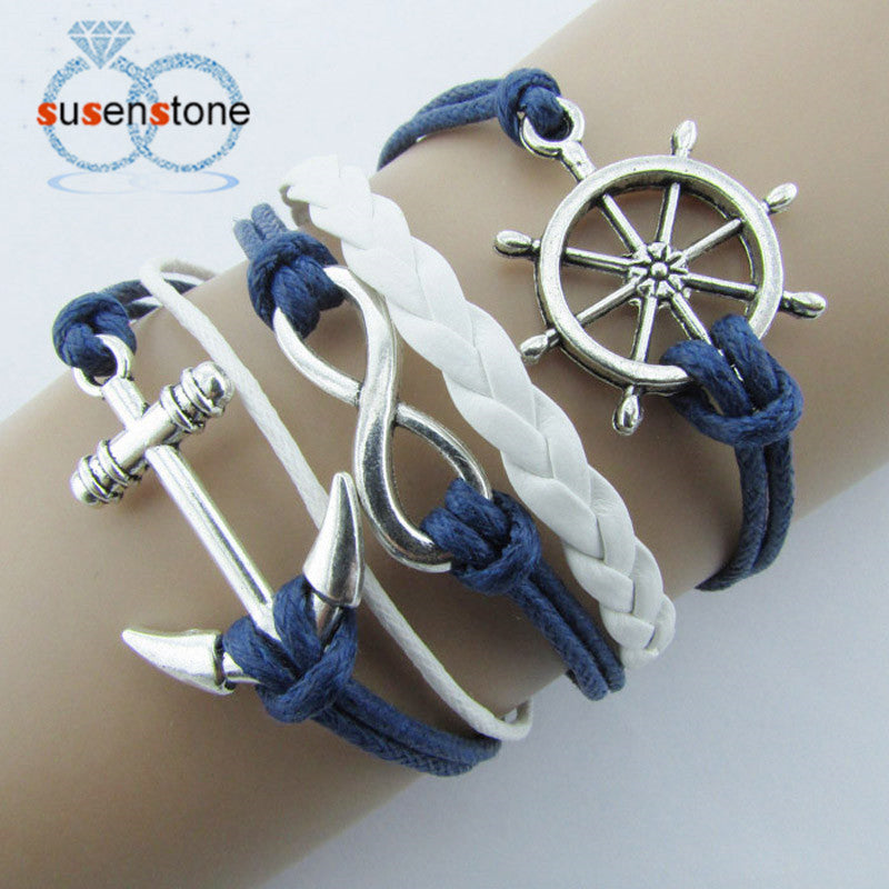 New Silver Infinite Bracelet Nautical Rudder Anchor Blue Leather Rope Bangle