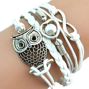 SUSENSTONE Fashion Women sterling-silver-jewelry Lovely Infinity Owl Pearl Friendship Multilayer Charm Leather Bracelets Gift