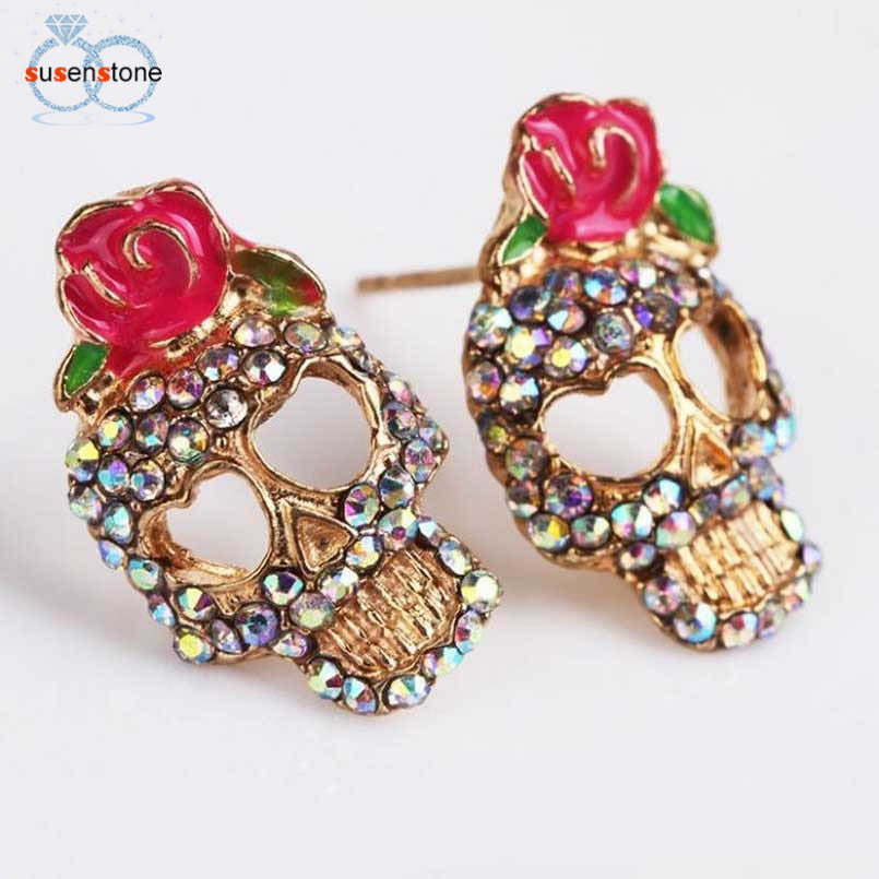 SUSENSTONE Cute Pink Rose Rhinestone Skeleton Skull Ear Studs Earrings Jewelry