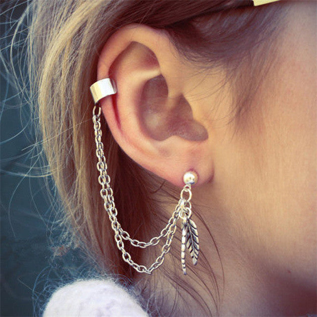 SUSENSTONE Fashion Punk Personality Clip Tassel leaf Charm Metal Ear Clip Stud Earring