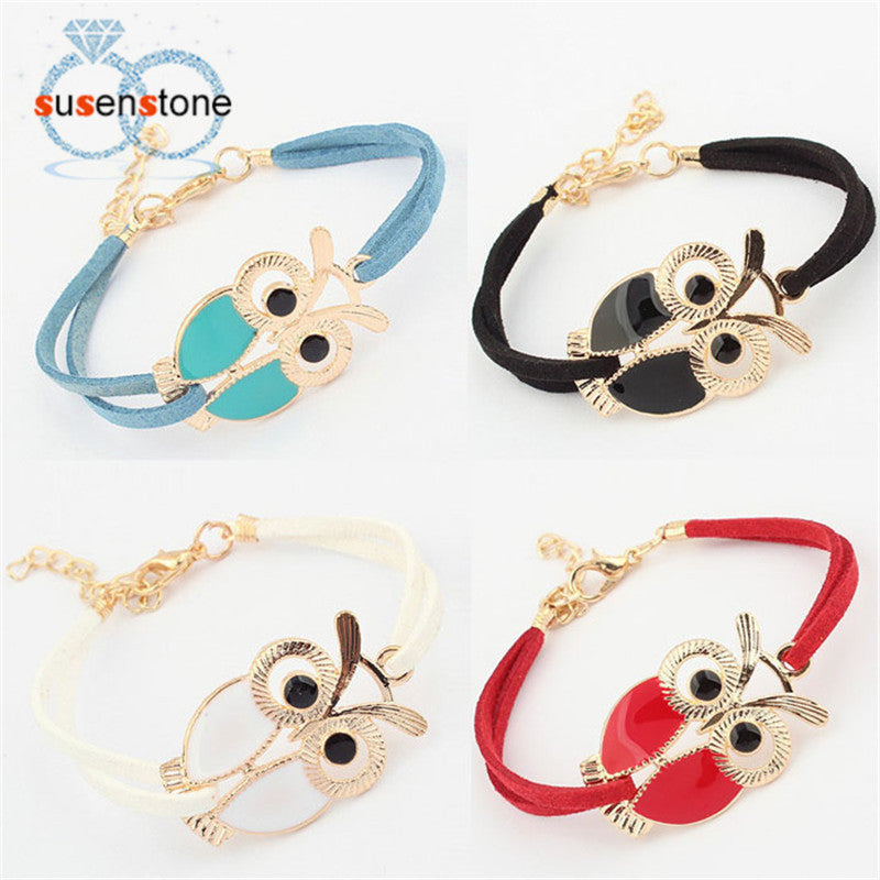 SUSENSTONE New Fashion Womens Girls Vintage Owl Decoration Faux Leather Bracelets Jecksion brand new and high quality