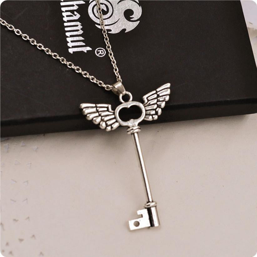 2016 new arrival women necklace girl Angel wings Key Friendship Pendant Long Chain Silver Necklace Jewelry vintage chain kolye