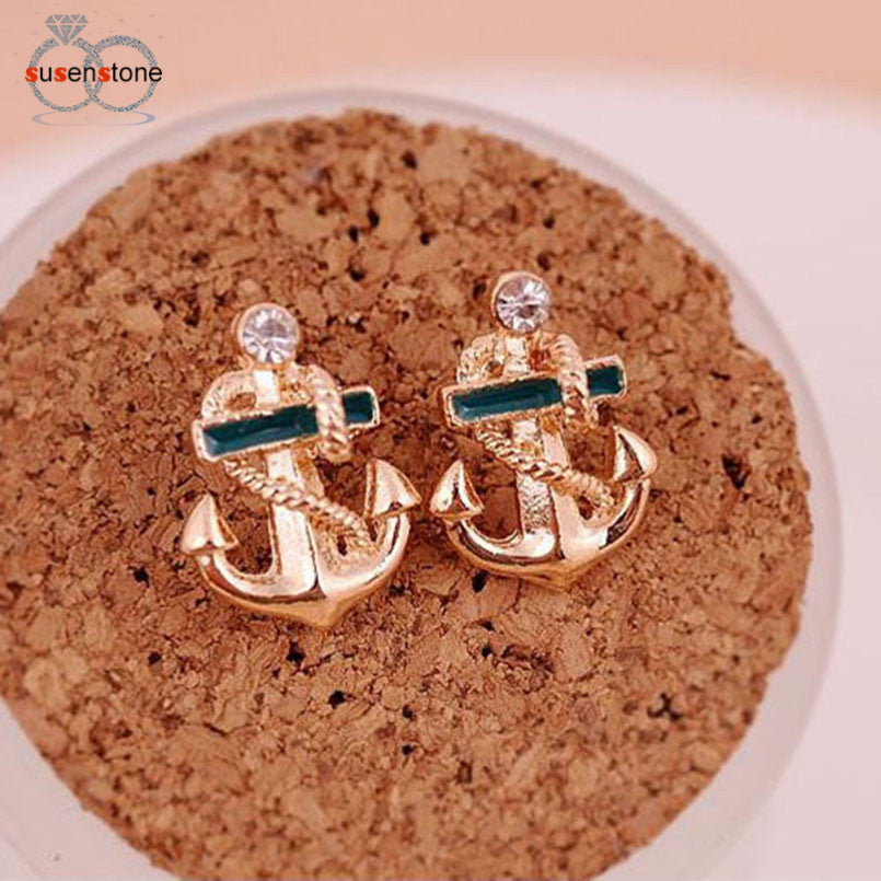 SUSENSTONE Women Fashion Crystal Rhinestone Sailor Anchor Ear Stud Earrings Gift
