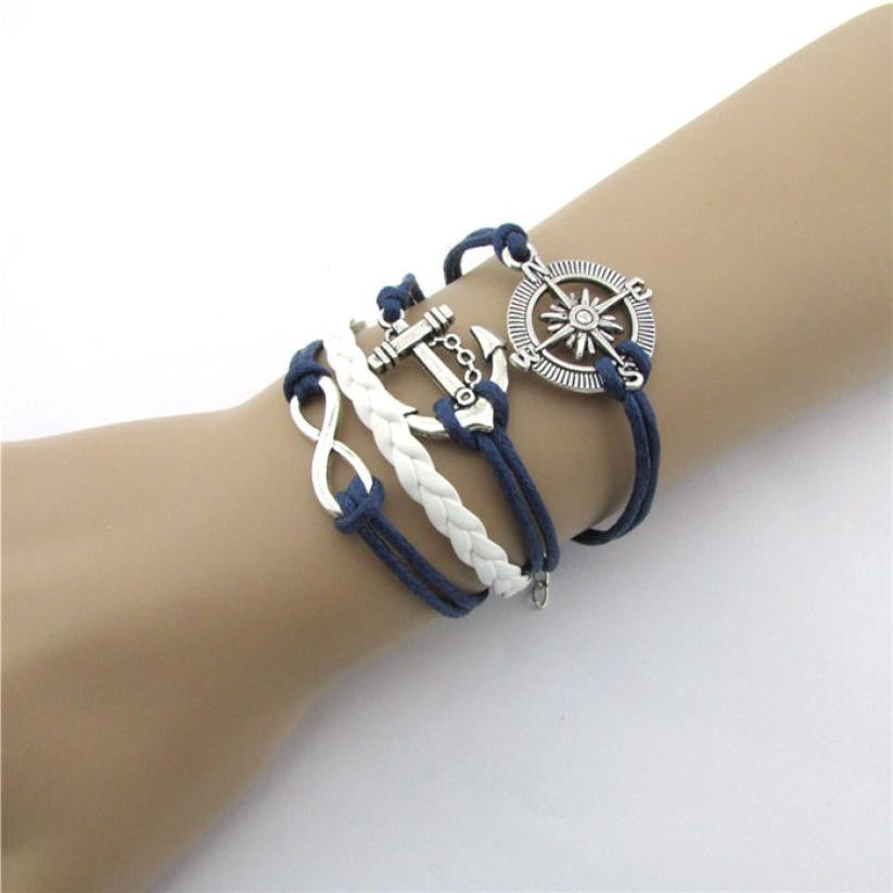 SUSENSTONE 2016 New Hot Infinity Love Anchor Compass Leather Charm Bracelet Plated Silver Frindship bracelets for women
