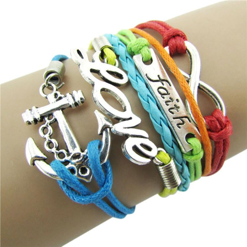 2016 new Colorful Infinity Friendship Love Anchor Leather Charm Bracelet DIY