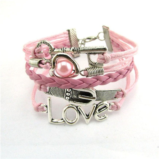 women bracelet Alloy Rope Leather kids Infinity OVE key buckle peach heart pearl multi-strand braided rop Bracelet Pink 17cm
