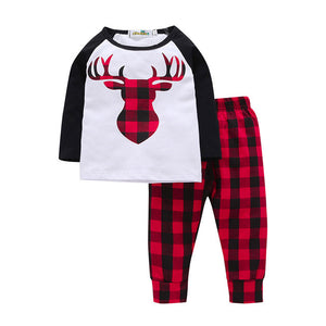 2017 Newborn Baby Clothes Boys Girls Long Sleeve Deer Plaid Printed T-shirt Tops + Pants 2pcs Casual Kids Outfit Set