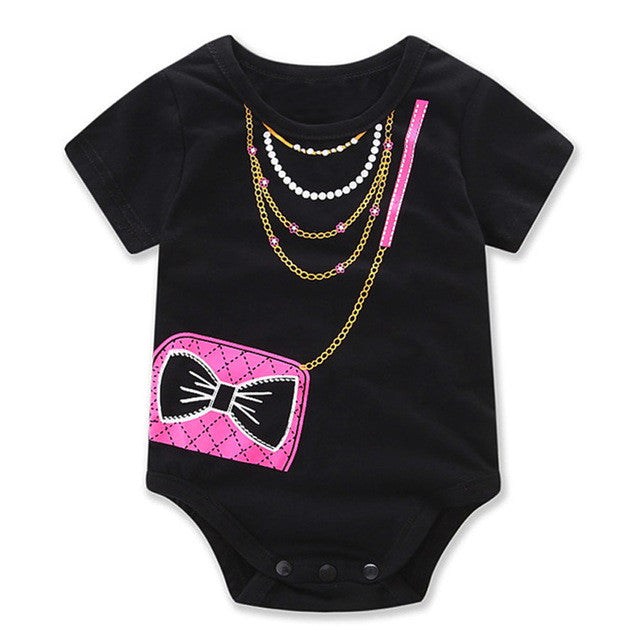 Newborn Toddler Infant Baby Boy Girl Romper Jumpsuit with Bag Necklace Print Costume Short Sleeve Clothes