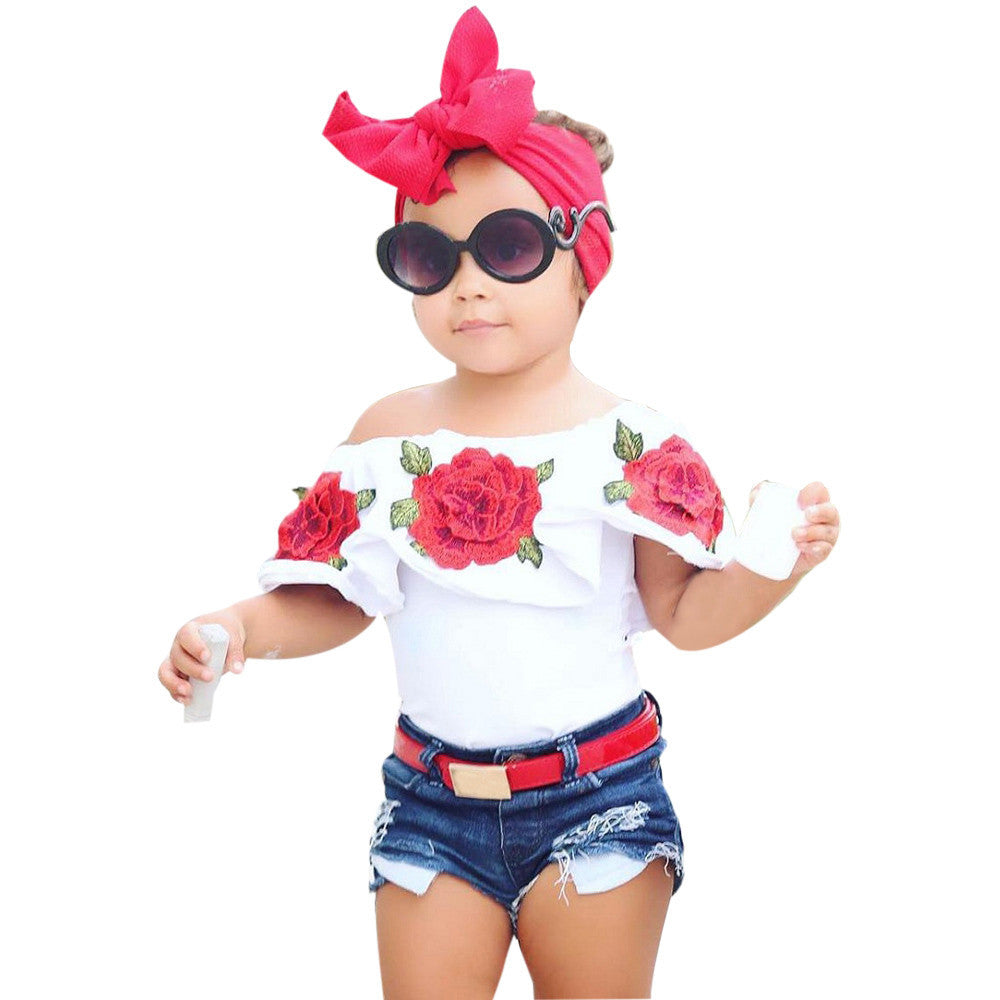 New Fashion Baby Girls T Shirt Cotton Summer 2017 3D Rose Flower Print Tops Off Shoulder T-Shirt Clothes