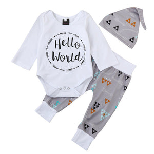 3pcs autumn Infant kids Baby Boy Romper long sleeve hello world letter Print Tops Triangle Pants Legging Hat Outfit Set Clothes