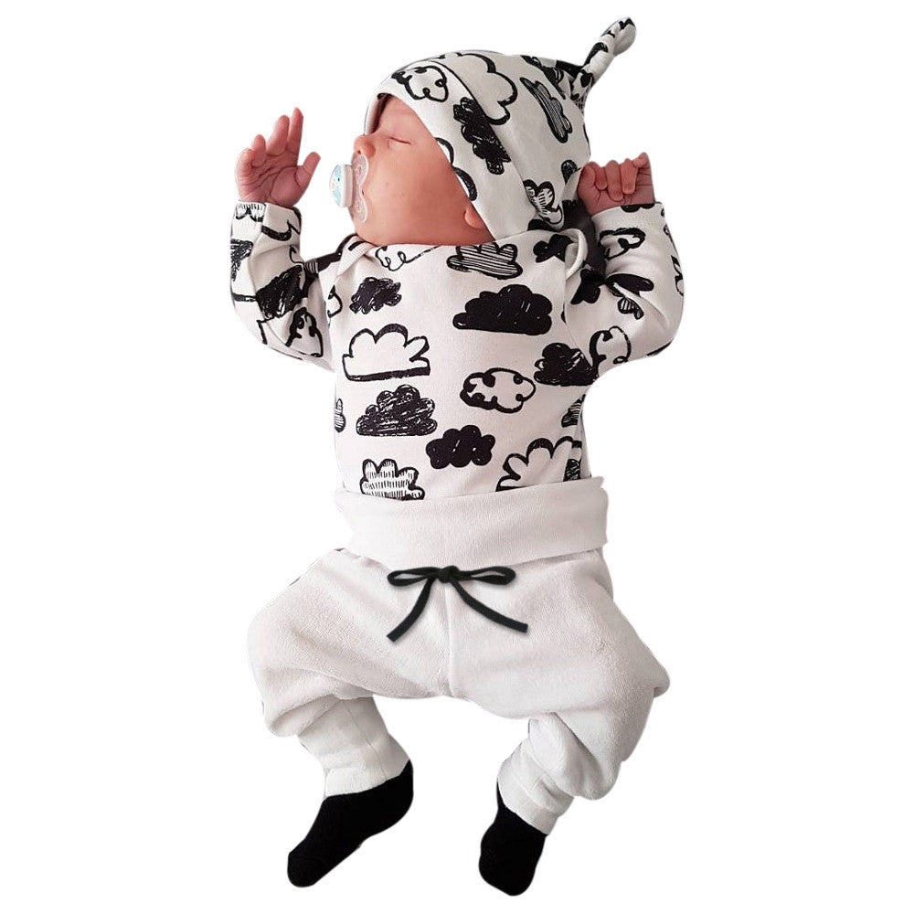 Fashion Toddler Tops Baby Boy Clouds Print Long Pants Baby Girl Hat Clothes Kids Autumn Outfits Cute Infant 3pcs Pajamas Set