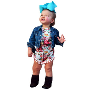 Tassels Pompoms Edge Newborn Baby Girl Clothes Headband Set Sleeveless Toddler Baby Romper Costume Suits Elastic Waist OnePiece