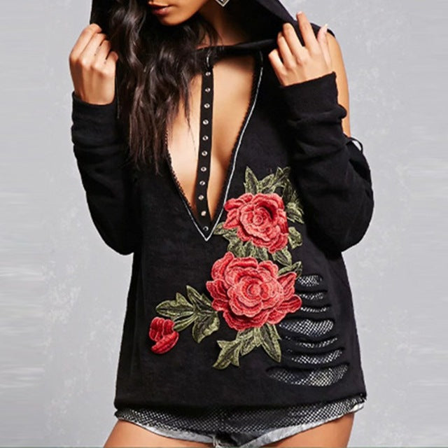 Women Sexy Hoodies Deep V Neck Hollow Out Sweatshirt Long Sleeve Hooded Hoodie Pullover Girls Fashion Cold Shoulder Streetwear