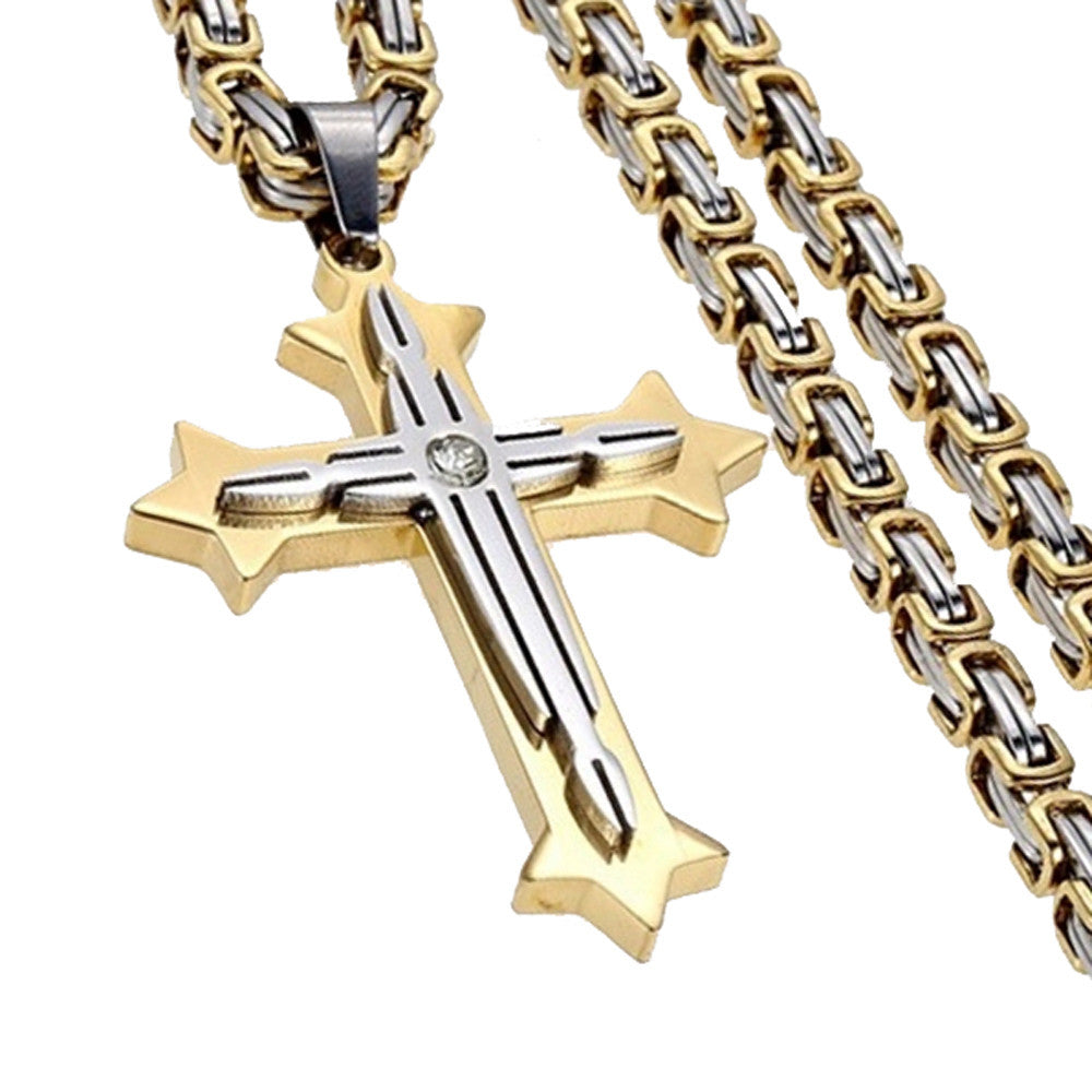 Mens Byzantine Stainless Steel Crucifix Cross Pendant Necklace Chain 22 Inch