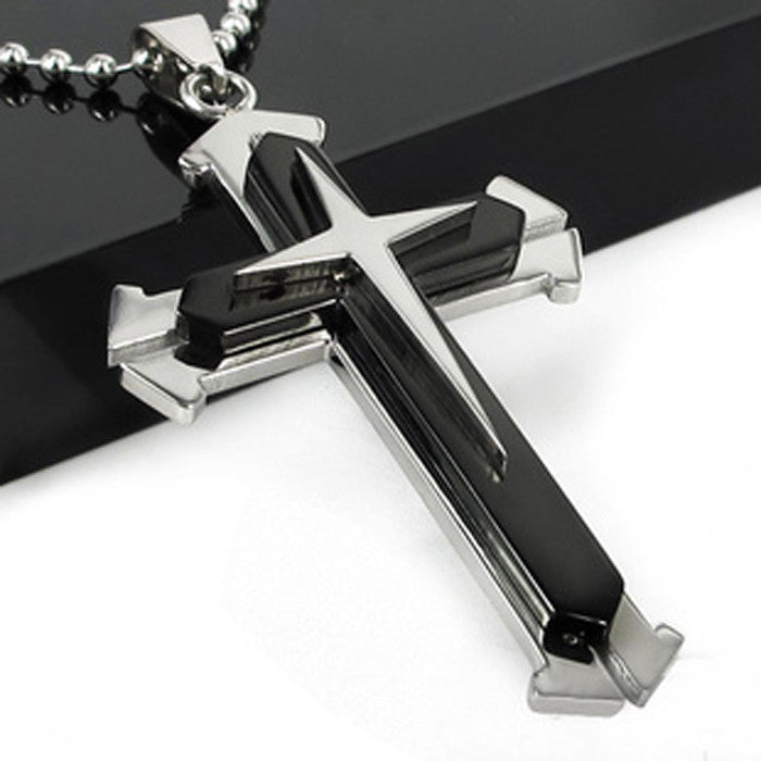 Unisex Men Stainless Steel Cross Pendant Necklace Chain Black+Silver