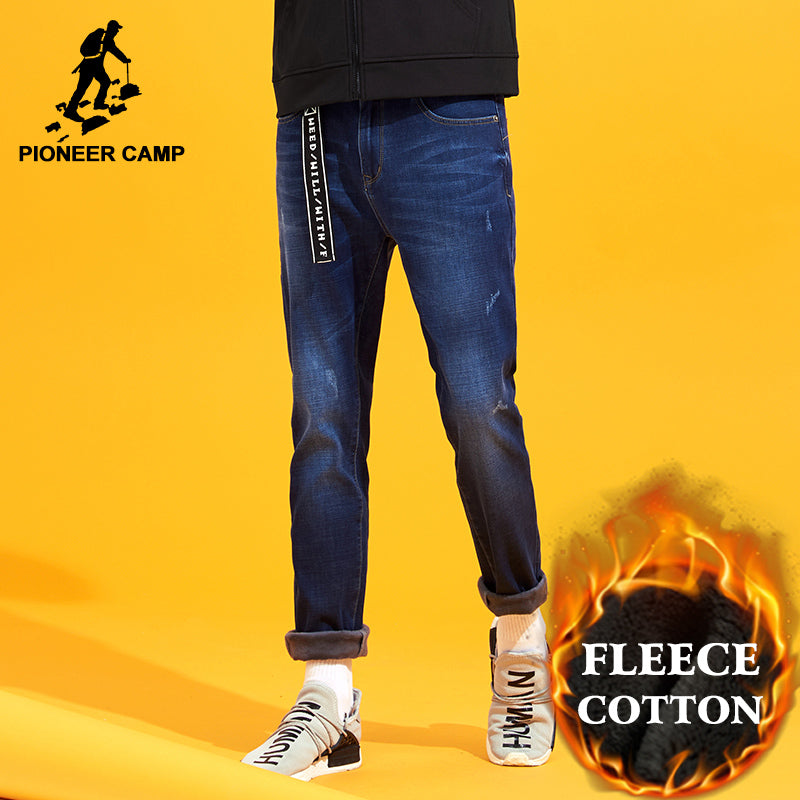 Pioneer Camp winter warm fleece jeans men brand-clothing straight dark blue thicken denim pants male quality trousers ANZ710004