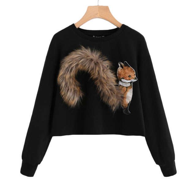 SHEIN Faux Fur Fox Patch Sweatshirt Pullover Women Black Long Sleeve Round Neck Casual Fall 2017 Women Sweatshirt