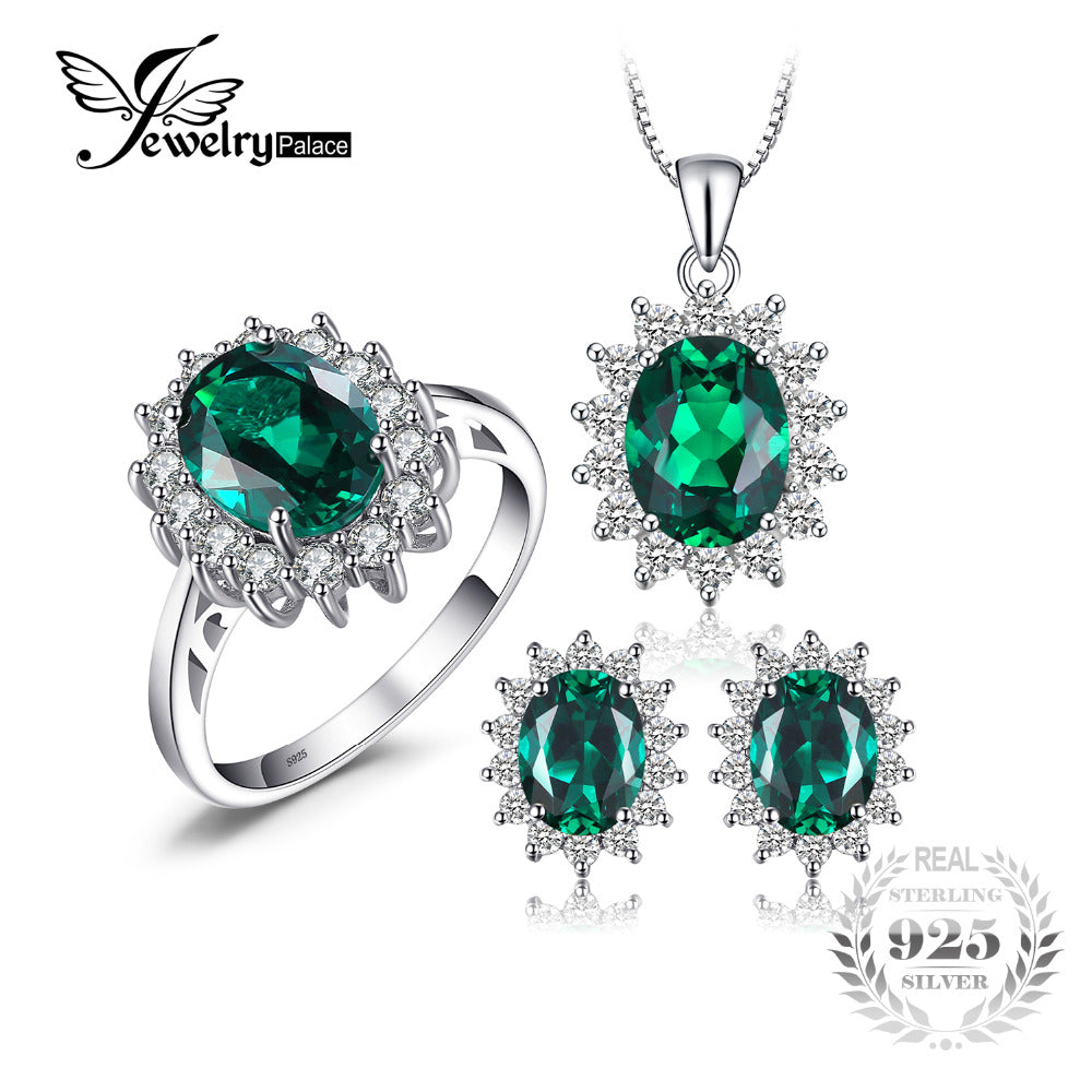 JewelryPalace Princess Diana Jewelry Engagement Wedding Created Emerald Jewelry 925 Sterling Silver Ring Pendant Earring