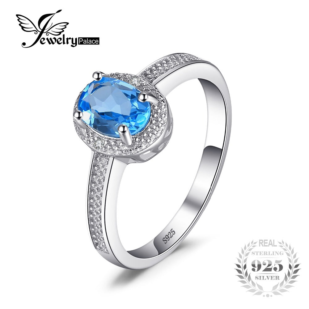 JewelryPalace New Classic 1ct Oval Natural Blue Topaz Charm 925 Sterling Silver Engagement Rings for Women Gemstone Fine Jewelry